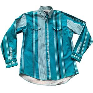 Wrangler Vintage blue Striped Cowboy Brushpopper Button Down SHIRT sz 16.5-35 x-